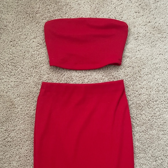 Fashion Nova Ribbed, Red Midi Skirt Set - Picture 2 of 5